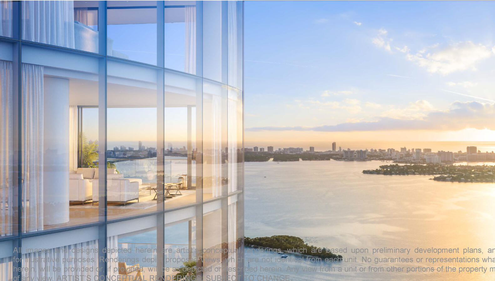 Terrazas de hasta 3 metros de altura con vistas panorámicas de la bahía de Biscayne, el centro de Miami, Miami Beach y el océano Atlántico